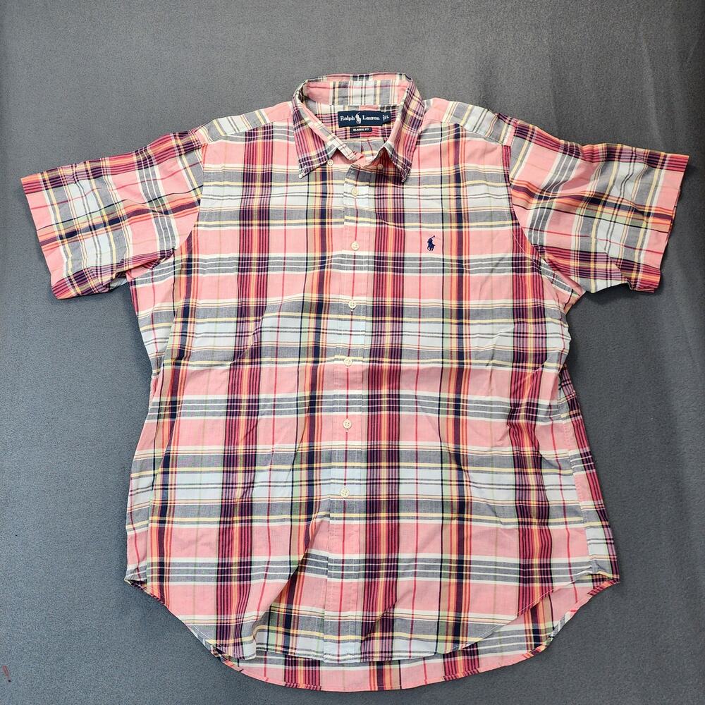 Ralph Lauren Mens Shirt Large Classic Fit Pink Blue Madras Plaid Preppy Vintage